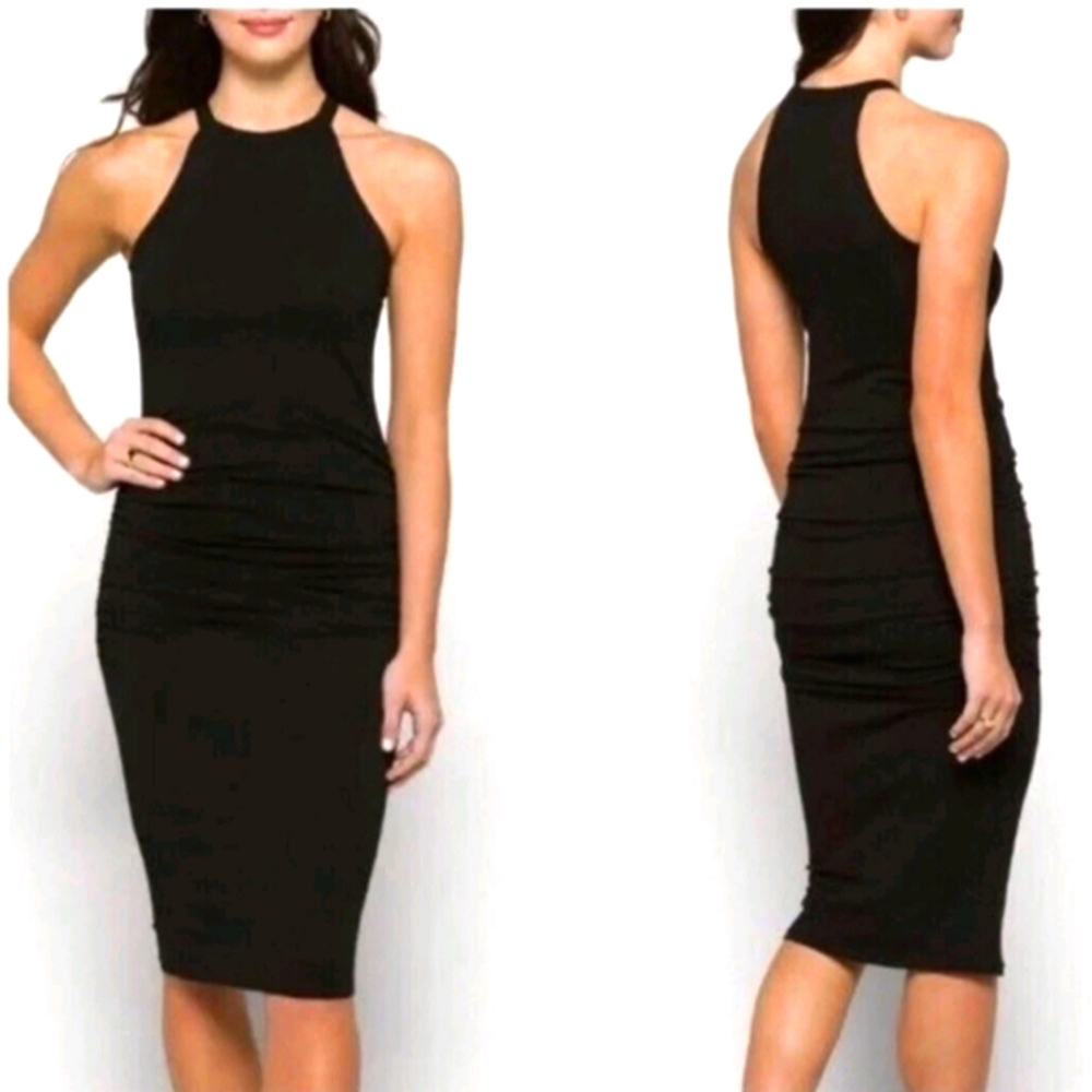 Michael Stars Halter Midi Bodycon Dress In Black Size Small